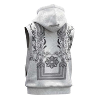 Philippines Barong Style Sleeveless Hoodie with Polynesian Art and Leaf Motif Black-White Color