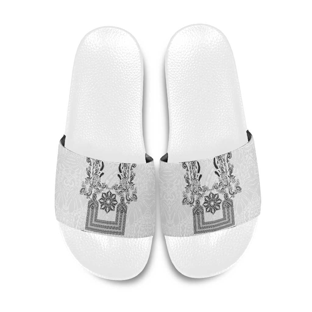 Philippines Barong Style Slide Sandals with Polynesian Art and Leaf Motif Black-White Color