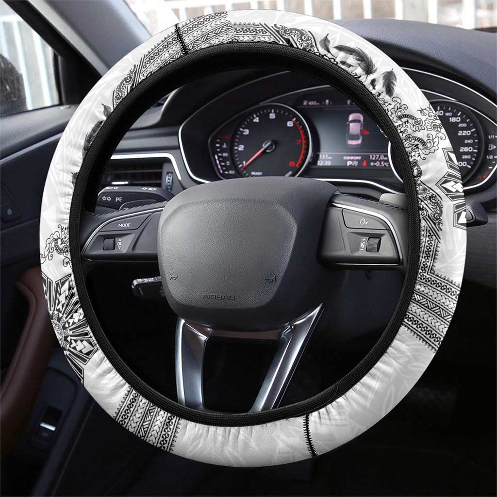 Philippines Barong Style Steering Wheel Cover with Polynesian Art and Leaf Motif Black-White Color
