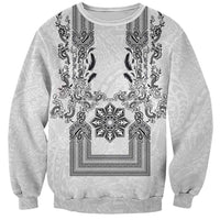 Philippines Barong Style Sweatshirt with Polynesian Art and Leaf Motif Black-White Color