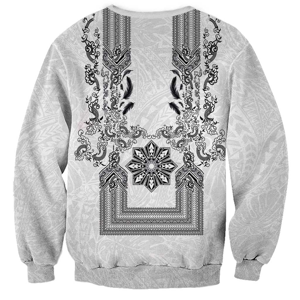 Philippines Barong Style Sweatshirt with Polynesian Art and Leaf Motif Black-White Color