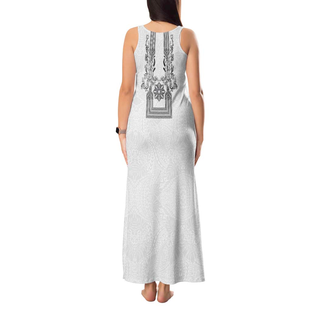 Philippines Barong Style Tank Maxi Dress with Polynesian Art and Leaf Motif Black-White Color