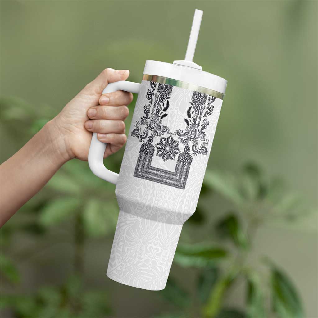 Philippines Barong Style Tumbler With Handle with Polynesian Art and Leaf Motif Black-White Color