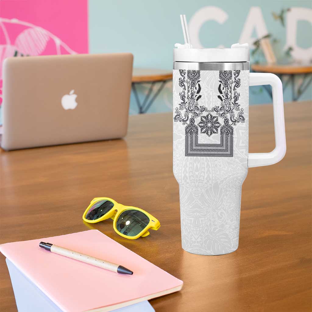 Philippines Barong Style Tumbler With Handle with Polynesian Art and Leaf Motif Black-White Color
