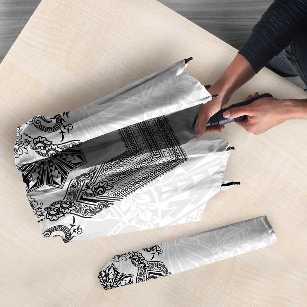 Philippines Barong Style Umbrella with Polynesian Art and Leaf Motif Black-White Color