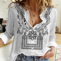 Philippines Barong Style Women Casual Shirt with Polynesian Art and Leaf Motif Black-White Color