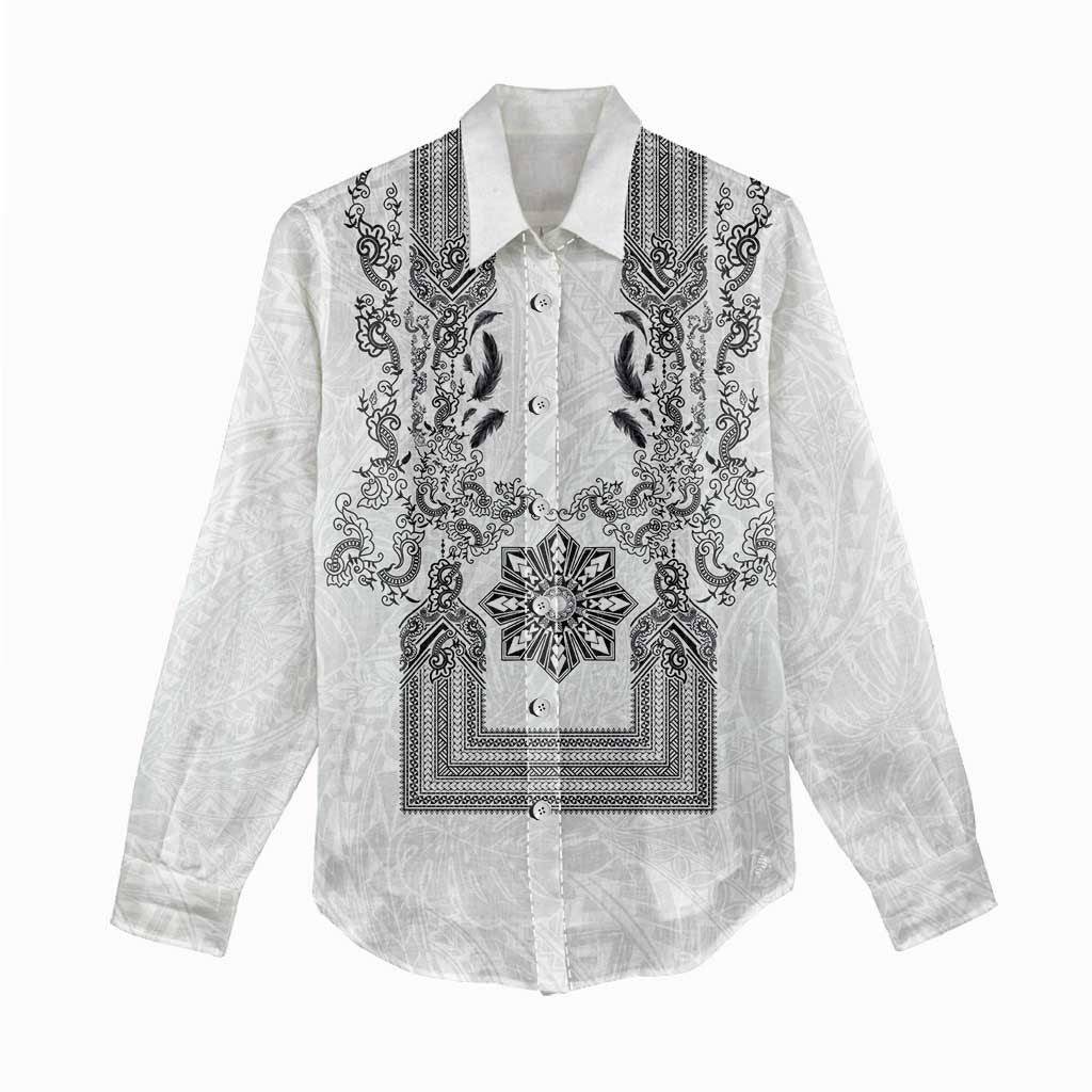 Philippines Barong Style Women Casual Shirt with Polynesian Art and Leaf Motif Black-White Color