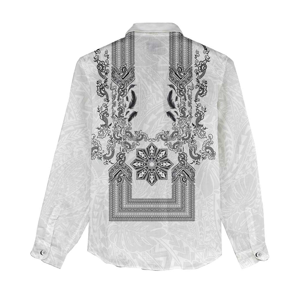 Philippines Barong Style Women Casual Shirt with Polynesian Art and Leaf Motif Black-White Color