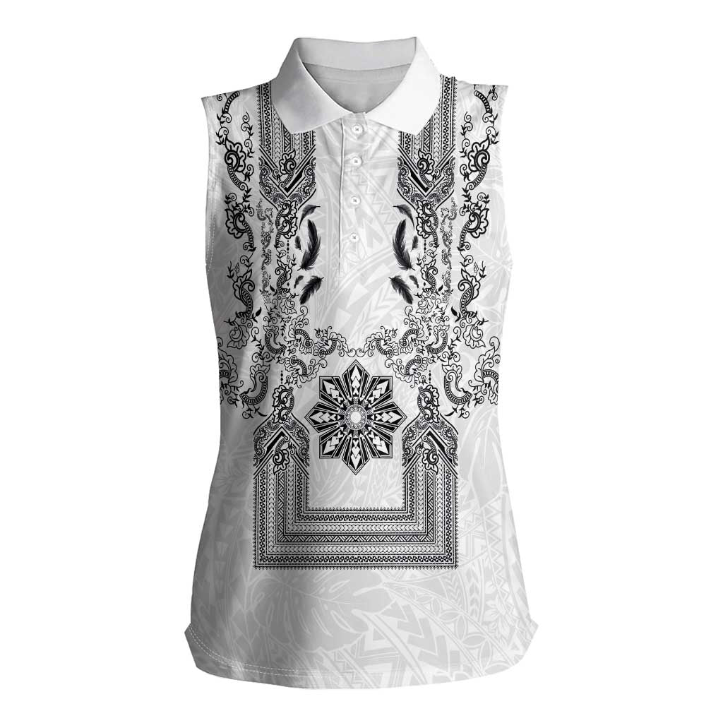 Philippines Barong Style Women Sleeveless Polo Shirt with Polynesian Art and Leaf Motif Black-White Color