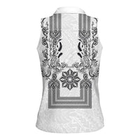 Philippines Barong Style Women Sleeveless Polo Shirt with Polynesian Art and Leaf Motif Black-White Color