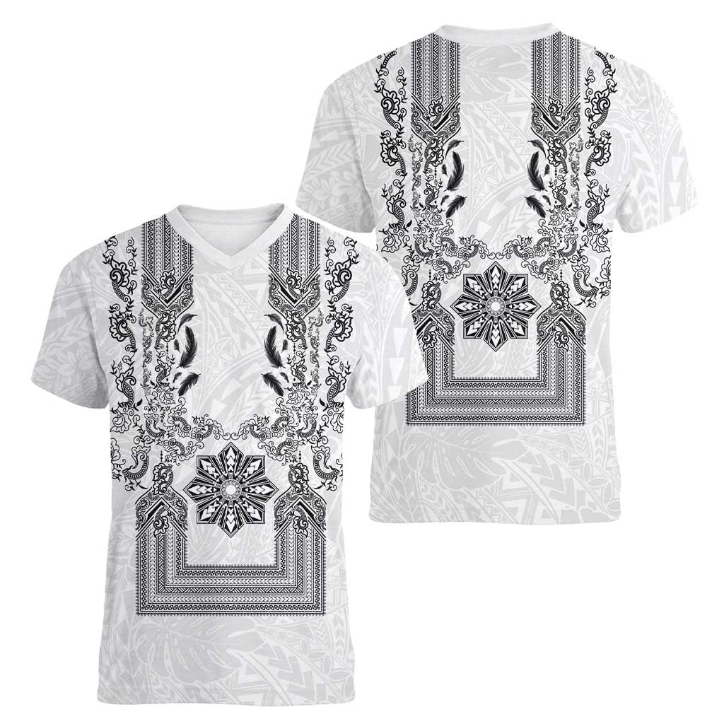 Philippines Barong Style Women V-Neck T-Shirt with Polynesian Art and Leaf Motif Black-White Color