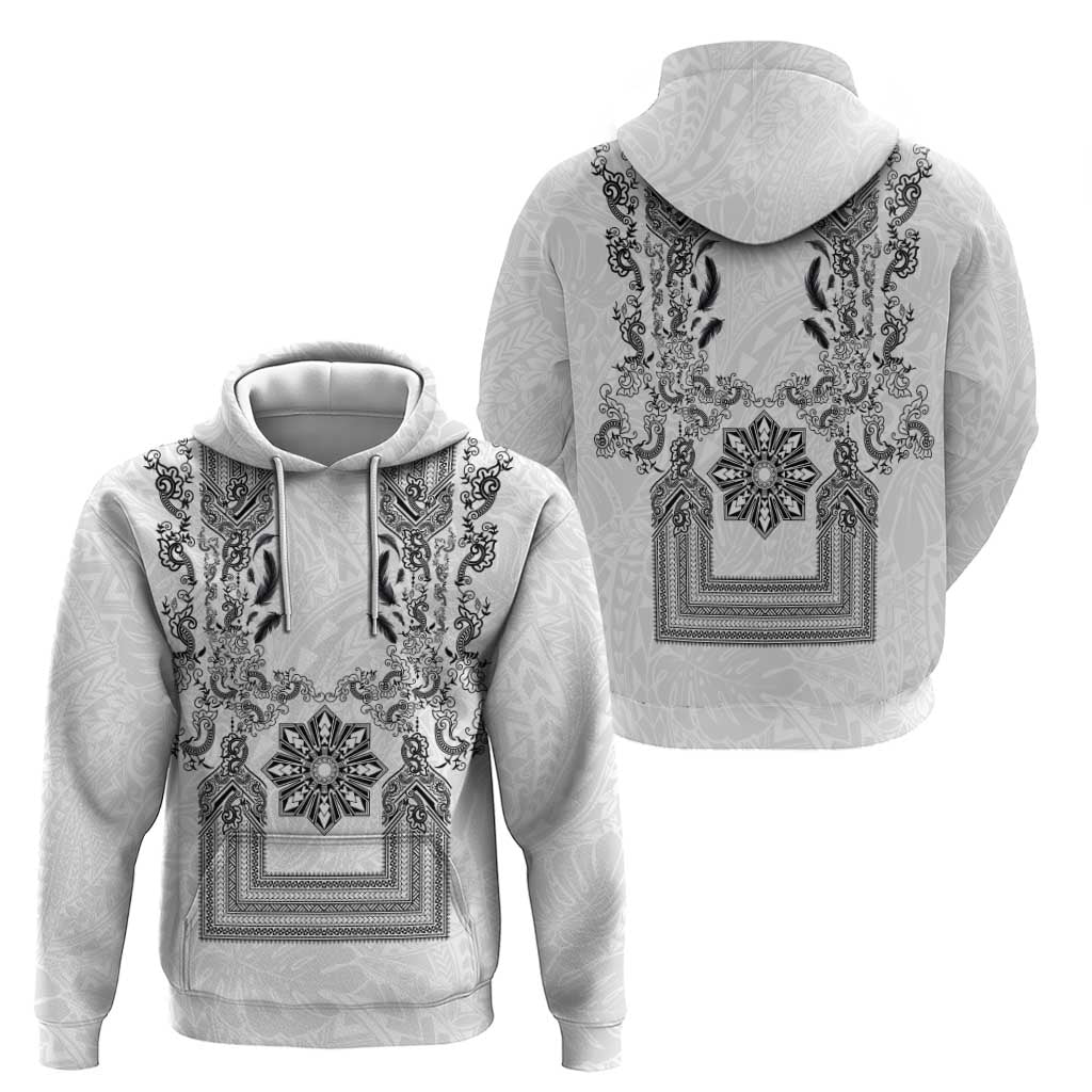 Philippines Barong Style Zip Hoodie with Polynesian Art and Leaf Motif Black-White Color