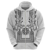 Philippines Barong Style Zip Hoodie with Polynesian Art and Leaf Motif Black-White Color