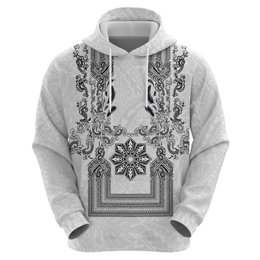 Philippines Barong Style Zip Hoodie with Polynesian Art and Leaf Motif Black-White Color