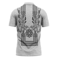 Philippines Barong Style Zipper Polo Shirt with Polynesian Art and Leaf Motif Black-White Color