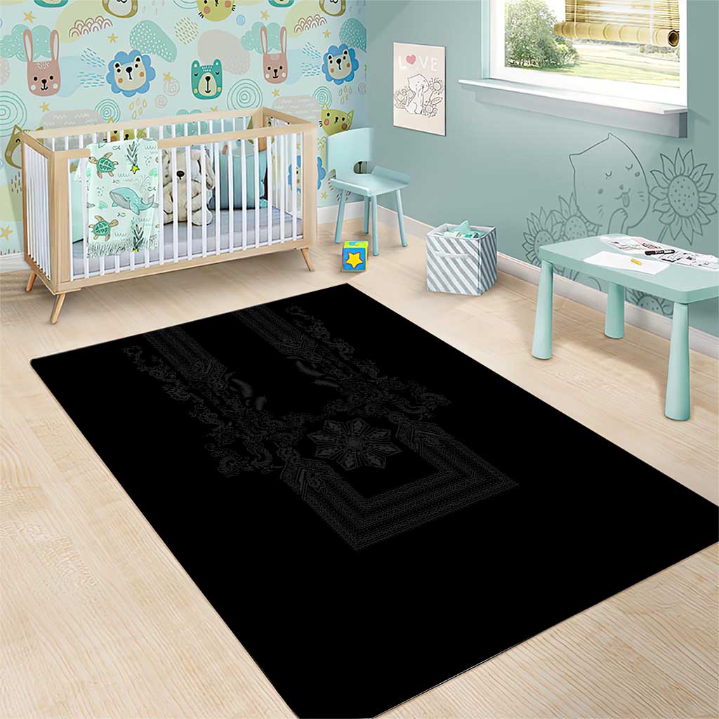 Philippines Barong Style Area Rug with Polynesian Art and Leaf Motif Black Color