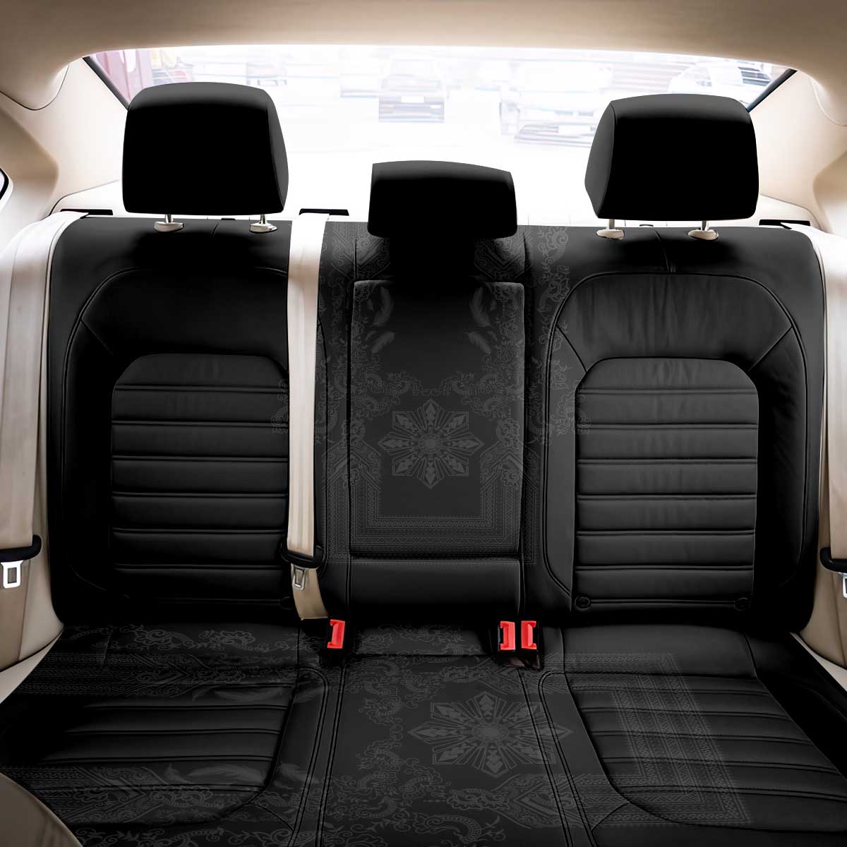 Philippines Barong Style Back Car Seat Cover with Polynesian Art and Leaf Motif Black Color