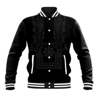 Philippines Barong Style Baseball Jacket with Polynesian Art and Leaf Motif Black Color