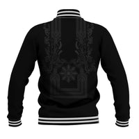 Philippines Barong Style Baseball Jacket with Polynesian Art and Leaf Motif Black Color