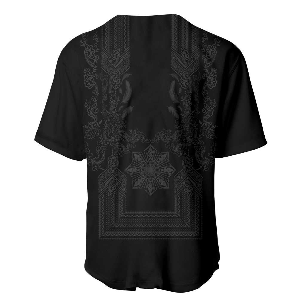 Philippines Barong Style Baseball Jersey with Polynesian Art and Leaf Motif Black Color
