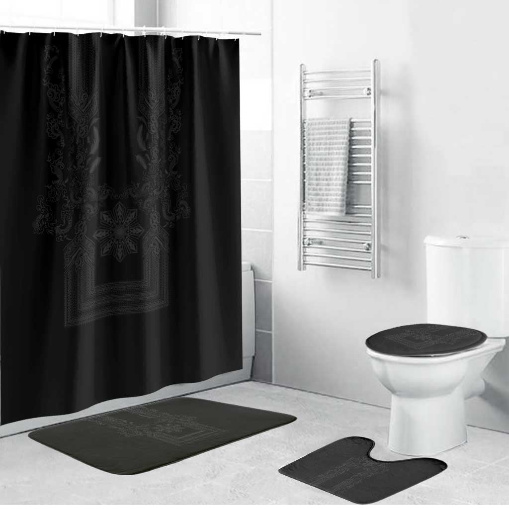 Philippines Barong Style Bathroom Set with Polynesian Art and Leaf Motif Black Color