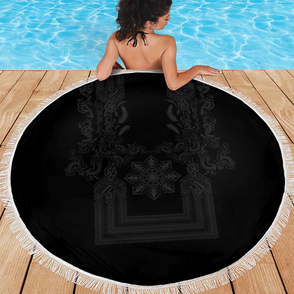 Philippines Barong Style Beach Blanket with Polynesian Art and Leaf Motif Black Color