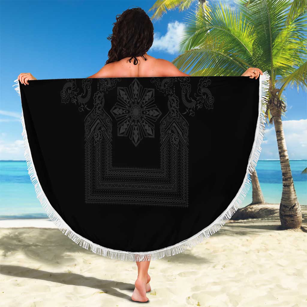 Philippines Barong Style Beach Blanket with Polynesian Art and Leaf Motif Black Color