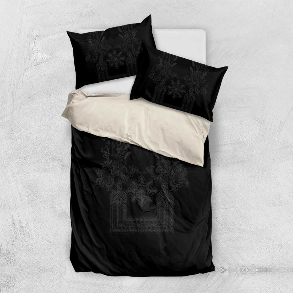 Philippines Barong Style Bedding Set with Polynesian Art and Leaf Motif Black Color