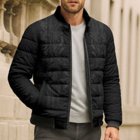 Philippines Barong Style Bomber Puffer Jacket with Polynesian Art and Leaf Motif Black Color