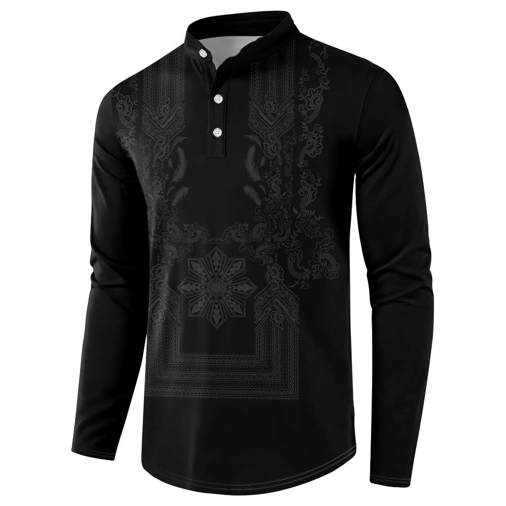 Philippines Barong Style Button Sweatshirt with Polynesian Art and Leaf Motif Black Color