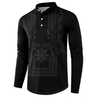 Philippines Barong Style Button Sweatshirt with Polynesian Art and Leaf Motif Black Color