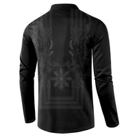 Philippines Barong Style Button Sweatshirt with Polynesian Art and Leaf Motif Black Color