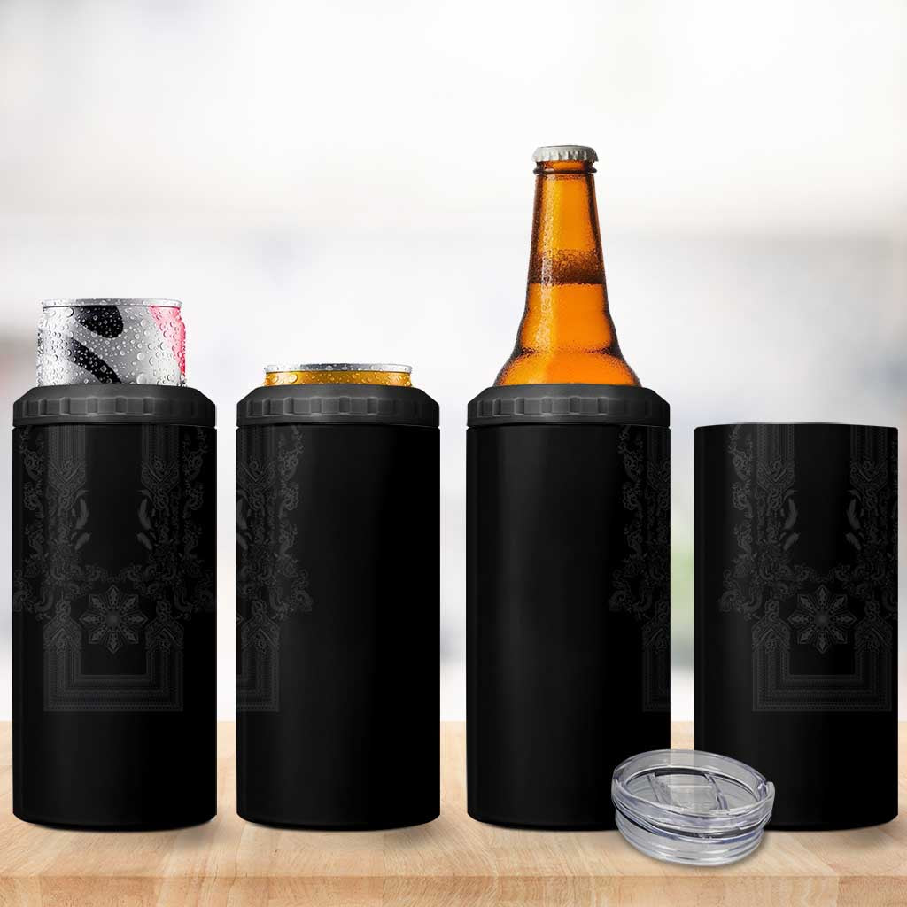 Philippines Barong Style 4 in 1 Can Cooler Tumbler with Polynesian Art and Leaf Motif Black Color