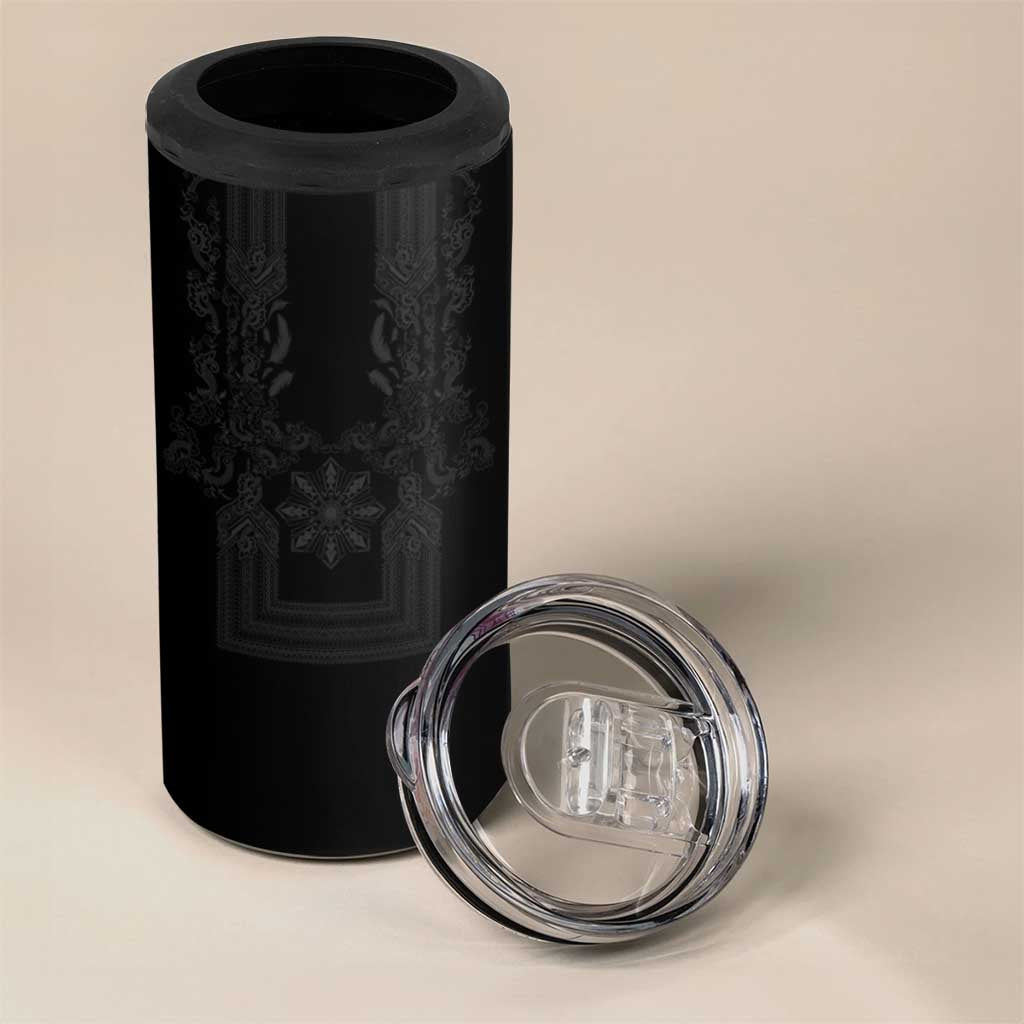 Philippines Barong Style 4 in 1 Can Cooler Tumbler with Polynesian Art and Leaf Motif Black Color