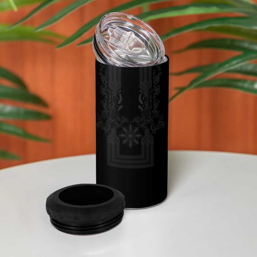 Philippines Barong Style 4 in 1 Can Cooler Tumbler with Polynesian Art and Leaf Motif Black Color