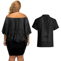 Philippines Barong Style Couples Matching Off Shoulder Short Dress and Hawaiian Shirt with Polynesian Art and Leaf Motif Black Color LT03 - Polynesian Pride