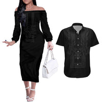 Philippines Barong Style Couples Matching Off The Shoulder Long Sleeve Dress and Hawaiian Shirt with Polynesian Art and Leaf Motif Black Color LT03 Black - Polynesian Pride