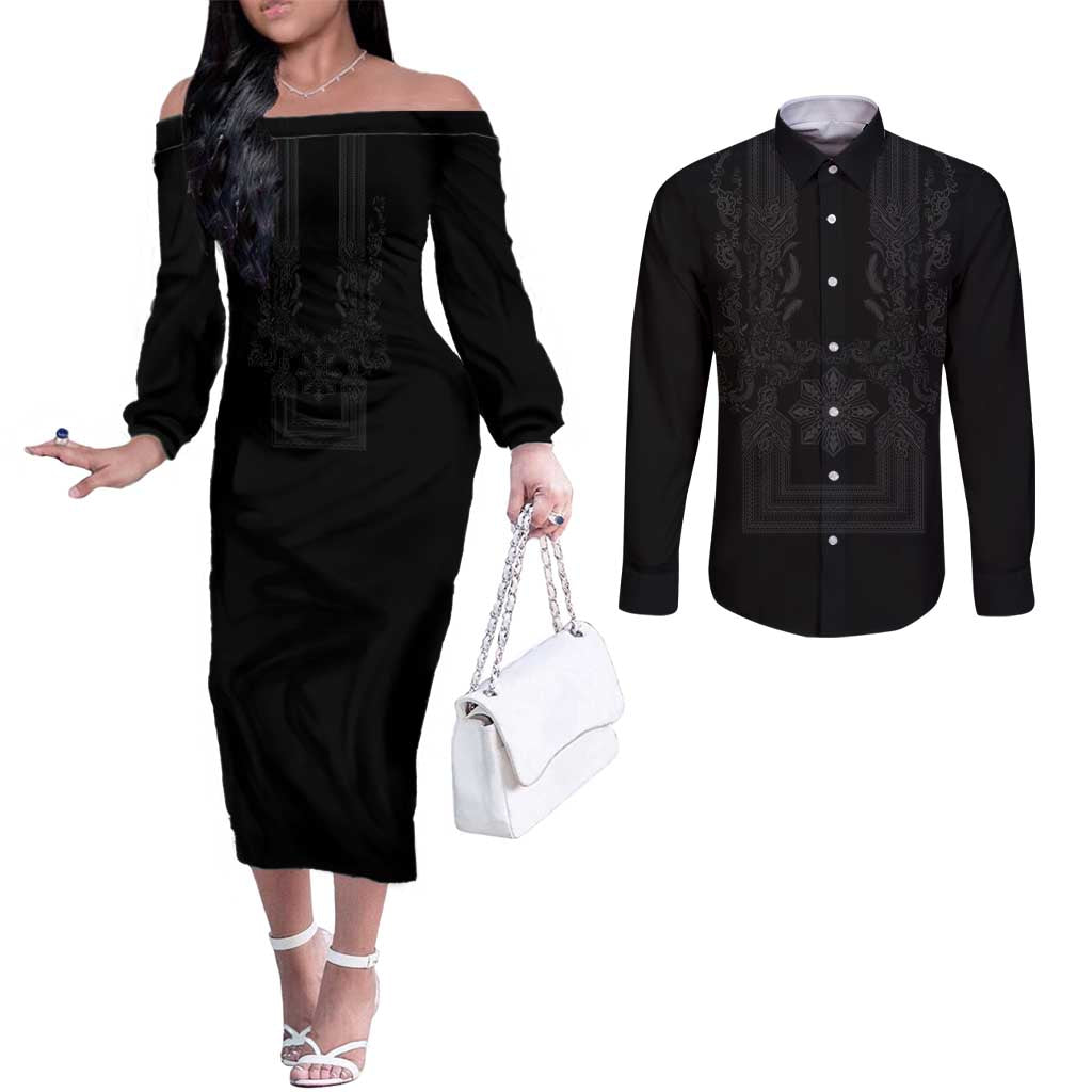 Philippines Barong Style Couples Matching Off The Shoulder Long Sleeve Dress and Long Sleeve Button Shirt with Polynesian Art and Leaf Motif Black Color
