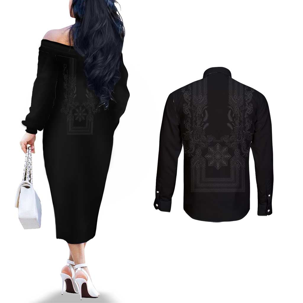 Philippines Barong Style Couples Matching Off The Shoulder Long Sleeve Dress and Long Sleeve Button Shirt with Polynesian Art and Leaf Motif Black Color LT03 - Polynesian Pride