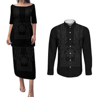 Philippines Barong Style Couples Matching Puletasi and Long Sleeve Button Shirt with Polynesian Art and Leaf Motif Black Color