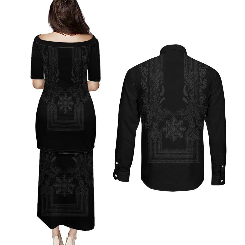 Philippines Barong Style Couples Matching Puletasi and Long Sleeve Button Shirt with Polynesian Art and Leaf Motif Black Color