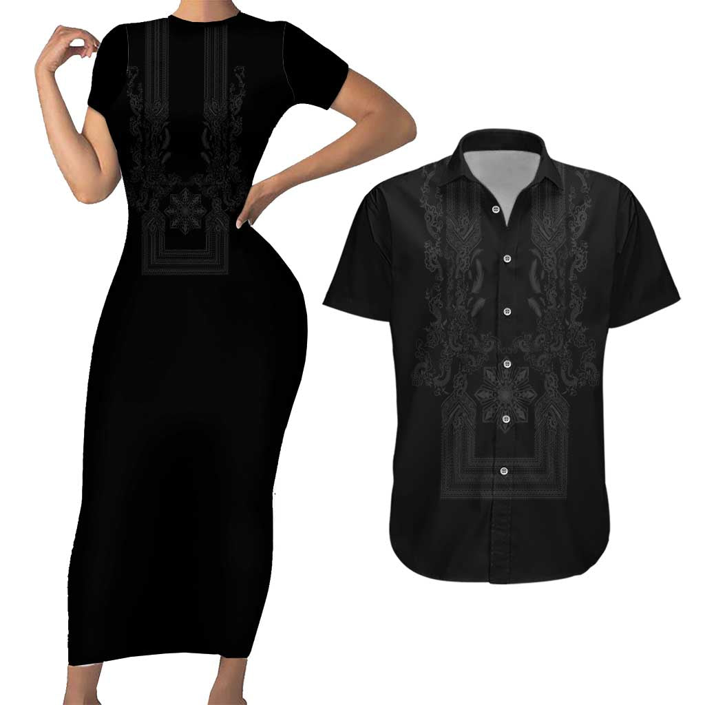 Philippines Barong Style Couples Matching Short Sleeve Bodycon Dress and Hawaiian Shirt with Polynesian Art and Leaf Motif Black Color