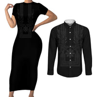 Philippines Barong Style Couples Matching Short Sleeve Bodycon Dress and Long Sleeve Button Shirt with Polynesian Art and Leaf Motif Black Color