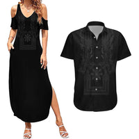 Philippines Barong Style Couples Matching Summer Maxi Dress and Hawaiian Shirt with Polynesian Art and Leaf Motif Black Color