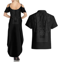 Philippines Barong Style Couples Matching Summer Maxi Dress and Hawaiian Shirt with Polynesian Art and Leaf Motif Black Color