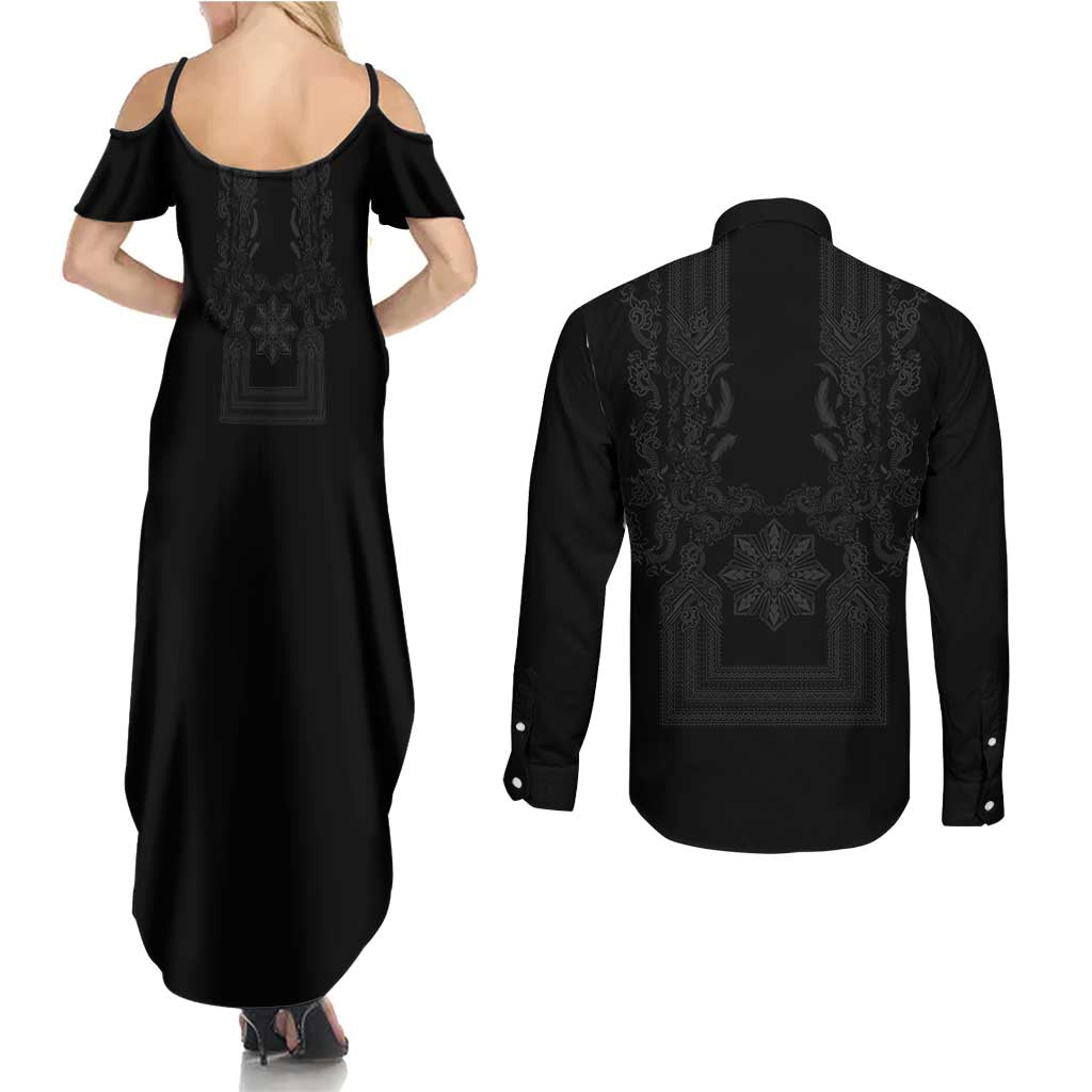 Philippines Barong Style Couples Matching Summer Maxi Dress and Long Sleeve Button Shirt with Polynesian Art and Leaf Motif Black Color