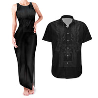 Philippines Barong Style Couples Matching Tank Maxi Dress and Hawaiian Shirt with Polynesian Art and Leaf Motif Black Color LT03 Black - Polynesian Pride