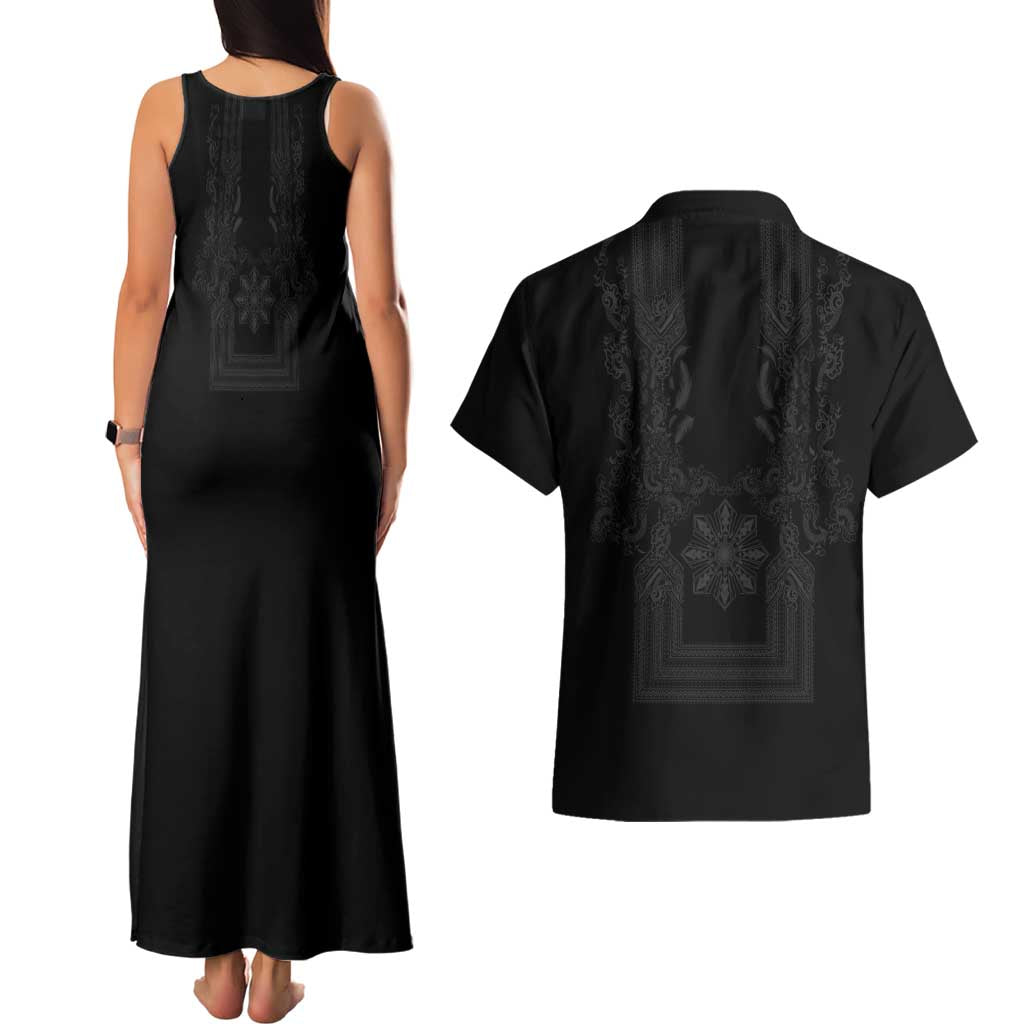 Philippines Barong Style Couples Matching Tank Maxi Dress and Hawaiian Shirt with Polynesian Art and Leaf Motif Black Color LT03 - Polynesian Pride
