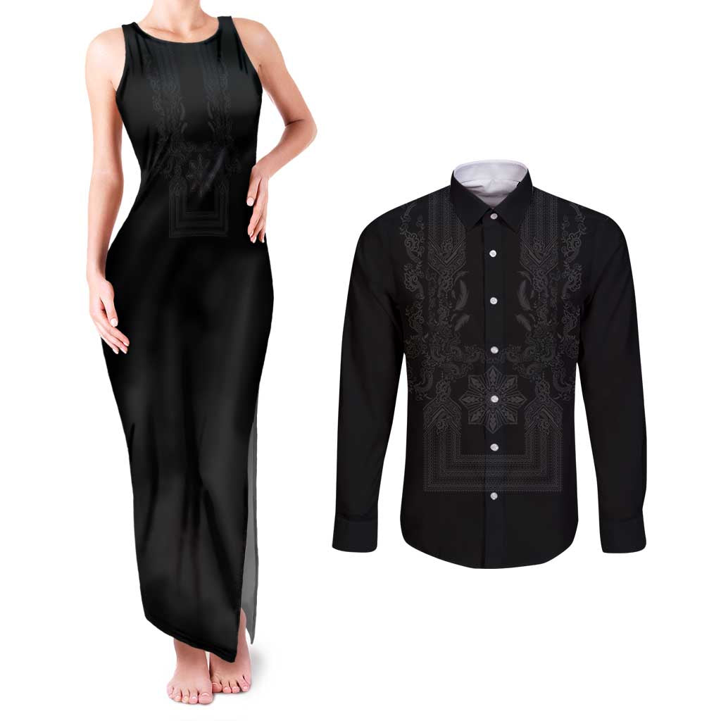 Philippines Barong Style Couples Matching Tank Maxi Dress and Long Sleeve Button Shirt with Polynesian Art and Leaf Motif Black Color
