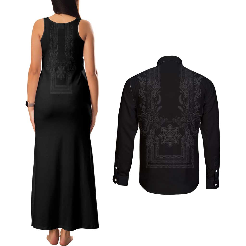 Philippines Barong Style Couples Matching Tank Maxi Dress and Long Sleeve Button Shirt with Polynesian Art and Leaf Motif Black Color